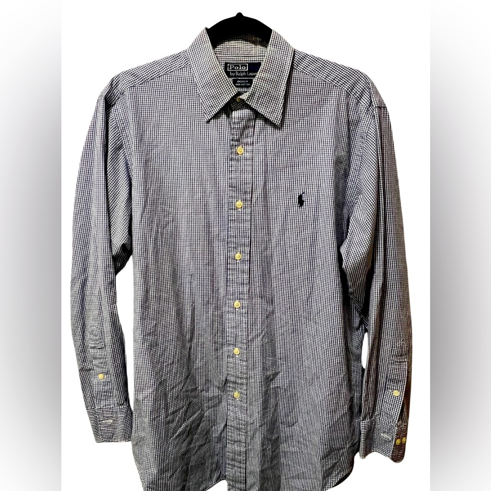 POLO BY RALPH LAUREN size 15 1/2 32/33 small light and dark blue plaid